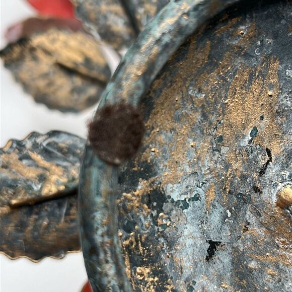 Metal Candle Holder Aged Welded Rustic Patina Pink Metallic Gold Roses w/ Leaves - Picture 17 of 17